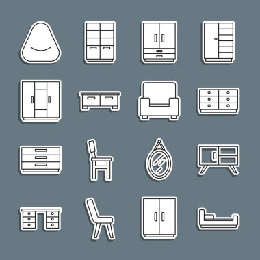 Yatak, Çekmece Sandığı, Gardırop, Pouf ve Kol Sandalyesi ikonu. Vektör