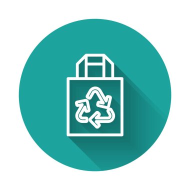 Geri dönüşüm simgesiyle uzun gölgeli beyaz çizgi kağıt alışveriş torbası. Geri dönüşüm sembollü çanta. Yeşil daire düğmesi. Vektör.