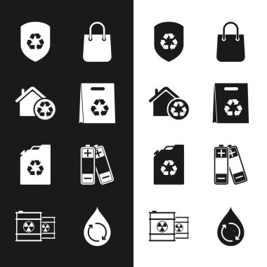 Geri dönüşümlü alışveriş torbası, Eco House geri dönüşümü, kalkanın içindeki geri dönüşüm, yakıt tüpü, akü, temiz su ve radyoaktif atık varili ikonu. Vektör