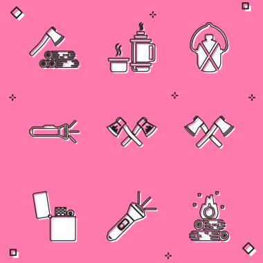 Tahta baltayı ve odunu, termos kabını, kantin su şişesini, feneri, çapraz ahşabı, çakmağı ve ikonu ayarlayın. Vektör