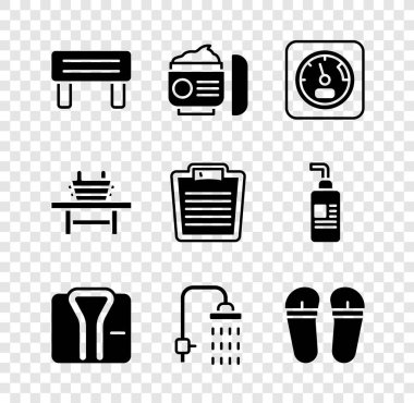 Sauna tezgahını, kremi ya da losyon kozmetik tüpünü, termometreyi, bornozu, duşu, parmak arası terlikleri kova ve banyo terazisi ikonu ile ayarla. Vektör