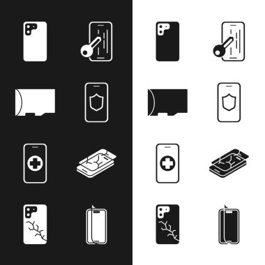 Cep telefonunu kalkan, Micro SD hafıza kartı, akıllı telefon, cam ekran koruyucu, telefon tamir servisi, bozuk ve simge ile ayarla. Vektör