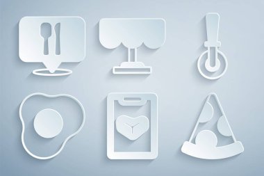 Restoran menüsü, pizza bıçağı, omlet, pizza dilimi, ahşap masa, kafe ve restoran ikonu. Vektör