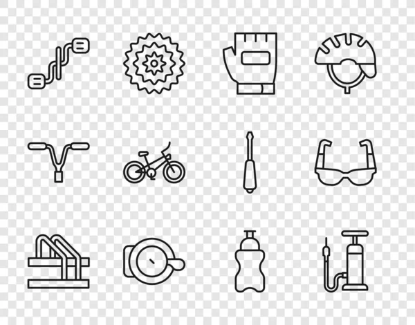 Set line Bicycle parking, air pump, Gloves, bell, pedals, Sport bottle with water and cycling sunglasses icon. Vector