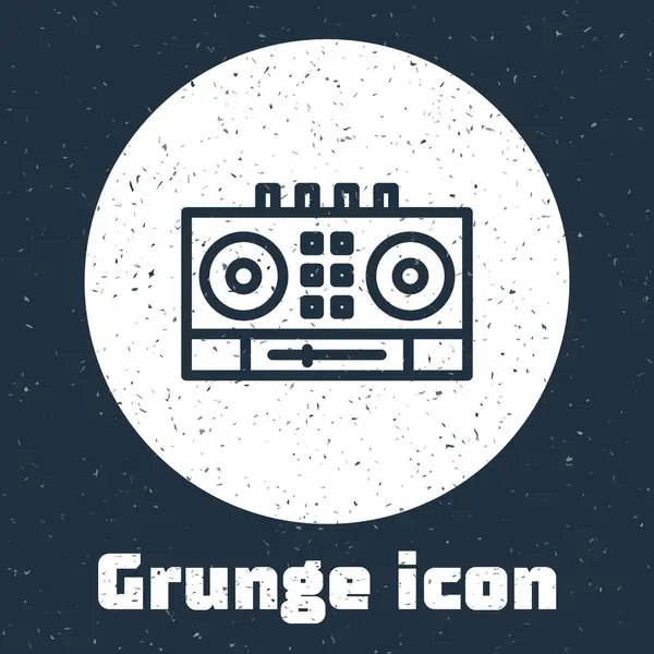 Grunge Line Dj遥控器 用于播放和混合灰色背景下隔离的音乐图标 Dj混音器完成与乙烯播放器和遥控 单色复古绘画 — 图库矢量图片