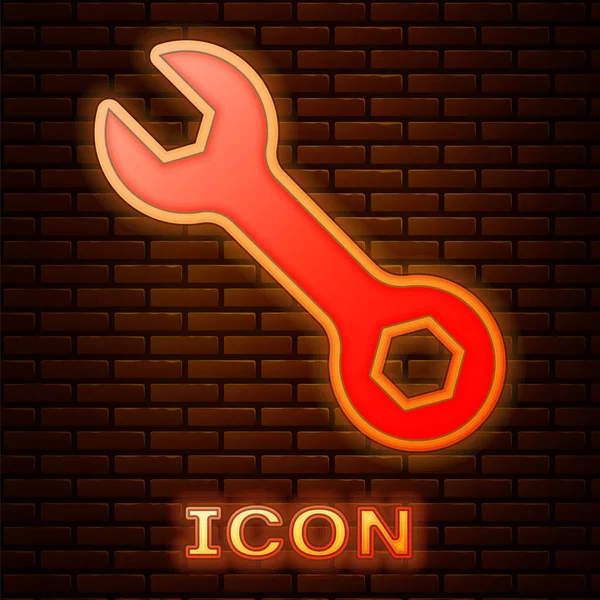 Glowing Neon Wrench Spanner Icon Isolated Brick Wall Background Vector — Stock Vector