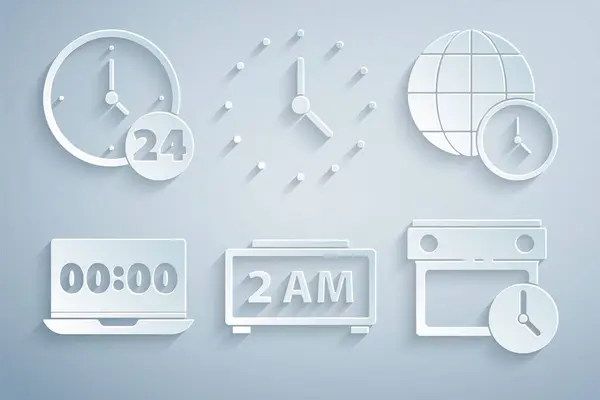 设置数字闹钟 世界时间 笔记本电脑时钟 日历和24小时图标 — 图库矢量图片