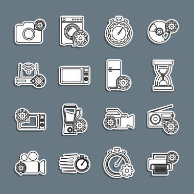 Hattı yazıcı ayarı, Radyo, Kumlu Eski kum saati, Zaman Yönetimi, Mikrodalga fırın, Router Wi-Fi, Fotoğraf makinesi ve Buzdolabı ikonu. Vektör
