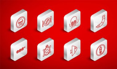 Ahtapot 'u bir tabağa koy, servis edilen balık, karides, balık, denizanası, kaplumbağa ve ızgara biftek ikonu. Vektör