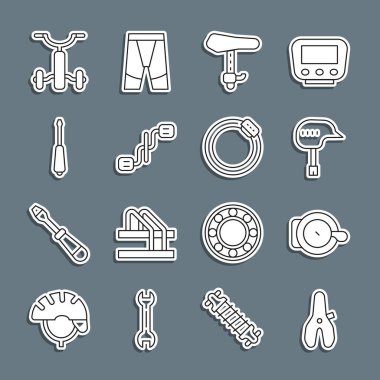 Bisiklet koltuğu, zil, kask, pedallar, tornavida, çocuklar için ve fren diski simgesi. Vektör