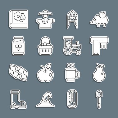 Kürek, Armut, Kış eşarbı, şapka, sepet ve yiyecek, bal kavanozu, Herbaryum ve Traktör ikonu. Vektör