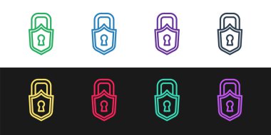 Satır Kilit simgesini siyah ve beyaz arkaplanda izole et. Asma kilit işareti. Güvenlik, güvenlik, koruma, gizlilik kavramı. Vektör.