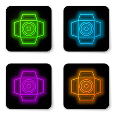 Parlayan neon hattı spot ışığı simgesi beyaz arkaplanda izole edildi. Işık efekti. Sahne, Stüdyo, Gösteri. Siyah kare düğme. Vektör.