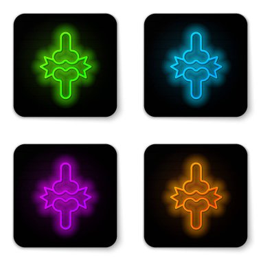 Parlayan neon hattı eklem ağrısı, beyaz arka planda izole edilmiş diz ağrısı ikonu. Ortopedik sağlık. Eklem ve kemik hastalıkları, eklem iltihabı. Siyah kare düğme. Vektör