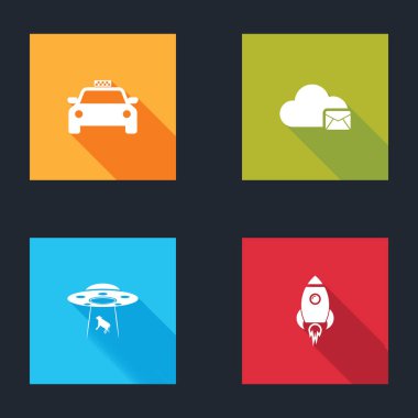 Taksi, Bulut posta sunucusu, UFO ateş ikonlu inek ve roket gemisi kaçırıyor. Vektör.