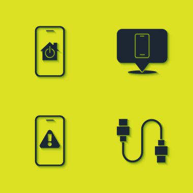 Akıllı ev, USB kablo kablosu, ünlem işareti ve telefon tamir ikonu ile mobil telefonu ayarla. Vektör