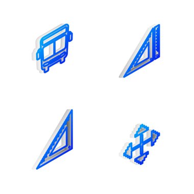 Isometric hattı üçgen cetvel, otobüs ve pikselin oklarını dört yönlü simgeye ayarla. Vektör.