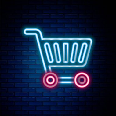 Parlayan neon hattı alışveriş arabası simgesi tuğla duvar arkasında izole edilmiş. İnternetten satın alma konsepti. Servis tabelası. Süpermarket sepeti sembolü. Renkli taslak konsepti. Vektör