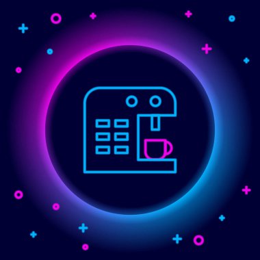 Parlayan neon hattı kahve makinesi simgesi siyah arka planda izole edildi. Renkli taslak konsepti. Vektör