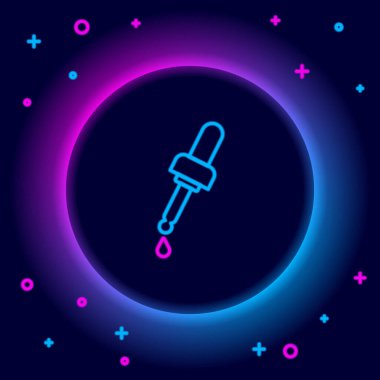 Parlayan neon hattı Pipette ve siyah arka planda izole edilmiş yağ ikonu. Organik aromaterapi özü. Cilt bakımı serumu cam bırakma paketi. Renkli taslak konsepti. Vektör