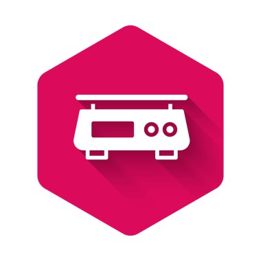 White Electronic scales icon isolated with long shadow background. Weight measure equipment. Pink hexagon button. Vector