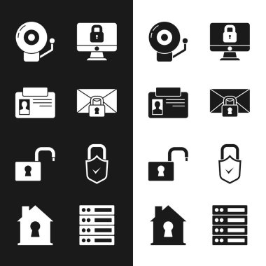 E- posta ileti kilidi şifresini, kimlik kartını, alarm zilini, bilgisayar monitörünü, kilidini aç asma kilidi ve koruma simgesi altında işaretle, Sunucu, Data, Web Sunuculuğu ve House 'u ayarla. Vektör