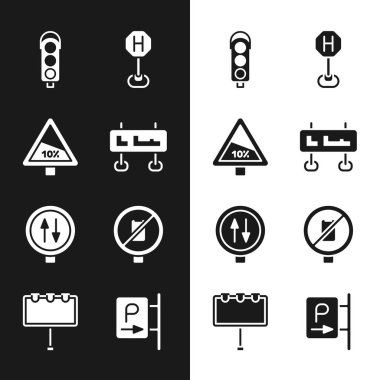 Trafik levhası dik ve alçalan yol trafik ışığı, hastane, iki yönlü uyarı, cep telefonu yasak, park yeri ve ilan panosu aydınlatma ikonlu. Vektör