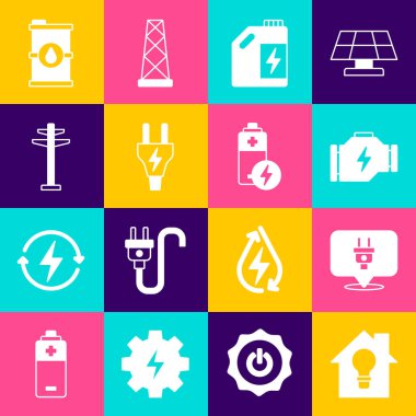 Akıllı ev, ampul, elektrik prizi, motoru kontrol et, yakıt bidonunu, kuleyi, biyo varili ve pil ikonunu ayarla. Vektör