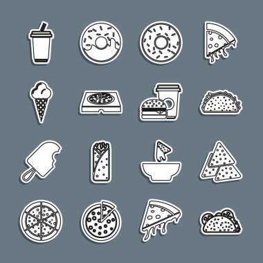 Tortilla, Nachos, Donut, Pizza karton kutuda, dondurma külahlı, cam su, kahve ve hamburger ikonlu. Vektör