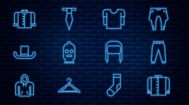 Çizgili tişört, spor pantolon, uzun kol, kar maskesi, erkek şapkası, kulaklık ve kravat ikonlu kış. Vektör