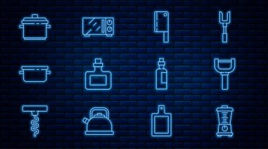 Blender, Peeler, et doğrayıcı, sos şişesi, tencere, bir şişe zeytinyağı ve mikrodalga fırın ikonu. Vektör