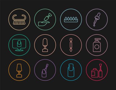 Tırnak cilası şişesi, tüp el kremi, sahte tırnaklar, manikür için değirmen makası, manikür rendesi, pedikür fırçası rendesi, tırnak macunu ve ikon. Vektör