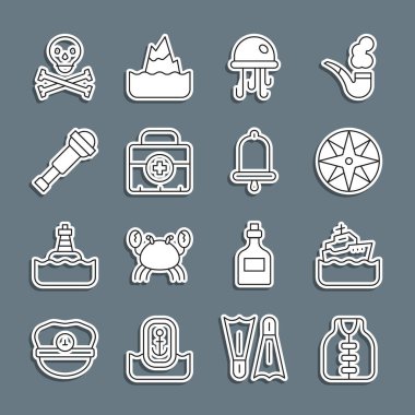 Set hattı Life ceketi, Cruise gemisi, Rüzgar gülü, denizanası, ilk yardım seti, Spyglass teleskop lensi, çapraz kemikli Kafatası ve gemi çanı ikonu. Vektör