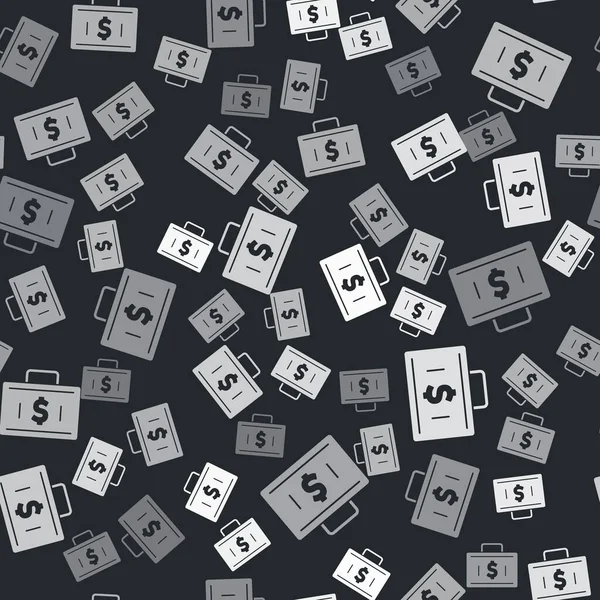 Grey Briefcase Geld Pictogram Geïsoleerd Naadloos Patroon Zwarte Achtergrond Zakelijk — Stockvector