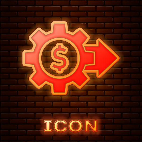 Glowing Neon Gear Dollar Symbol Icon Isolated Brick Wall Background — Stock Vector