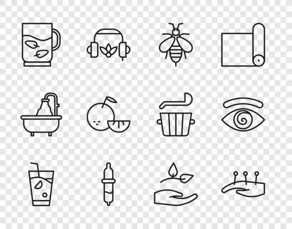 Set line Fresh smoothie, Acupuncture therapy, Bee, Pipette, Cup of tea and leaf, Citrus fruit, Leaf in hand and Hypnosis icon. Vector