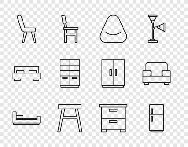Постельная кровать, холодильник, пуф, шейр, кресло, гардероб, тумбочка и значок. Вектор
