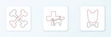 Sabit çizgi köpek ve kemik, çapraz kemikler ve veteriner kliniği ikonu. Vektör