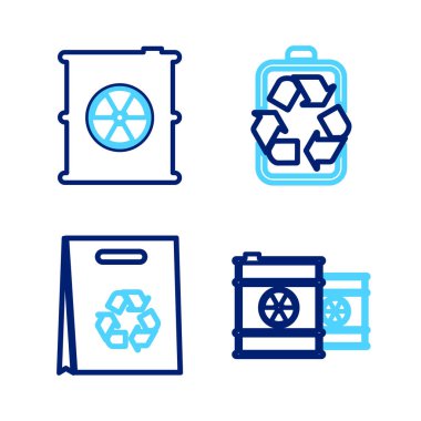 Fıçıya radyoaktif atık, geri dönüşümlü alışveriş torbası, pil ve simge koyun. Vektör