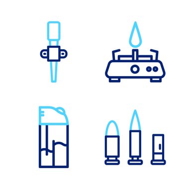 Mermi ve fişek, çakmak, kamp yapan gaz ocağı ve alev ikonu. Vektör