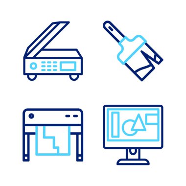 Satır monitörü ekranı, Çizici, Boyama fırçası ve Tarayıcı simgesini ayarla. Vektör