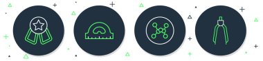 Çizgi Protractor ızgarası, Kimyasal formül, Yıldız Madalyası ve Çizim pusula simgesi. Vektör