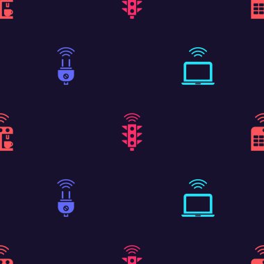 Kablosuz dizüstü bilgisayarı, akıllı elektrik prizini, trafik lambasını ve kahve makinesini kusursuz bir şablona ayarla. Vektör.
