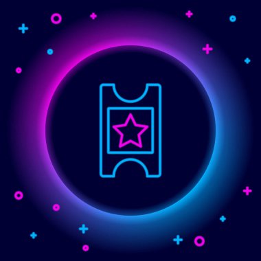 Parlayan neon hattı sinema bileti simgesi siyah arkaplanda izole edildi. Renkli taslak konsepti. Vektör