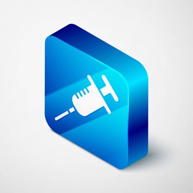 Isometric Şırınga simgesi gri arkaplanda izole edildi. Aşı için şırınga, aşı, iğne, grip aşısı. Tıbbi ekipman. Mavi kare düğme. Vektör.