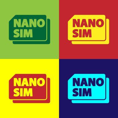 Pop Art Nano Sim Card simgesi renk arkaplanında izole edildi. Mobil ve kablosuz iletişim teknolojileri. Ağ çipi elektronik bağlantısı. Vektör.
