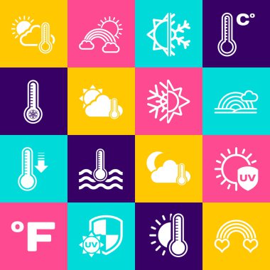 Gökkuşağını kalp, ultraviyole koruma, bulut, güneş ve kar tanesi, termometre güneş, meteoroloji termometresi ve ikon ile ayarla. Vektör