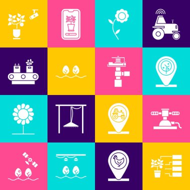 Çiçek analizi, otomatik sulama fıskiyeleri, konum ve ağaç, bitki, taşıyıcı bant, akıllı tarım teknolojisi ve ikon. Vektör