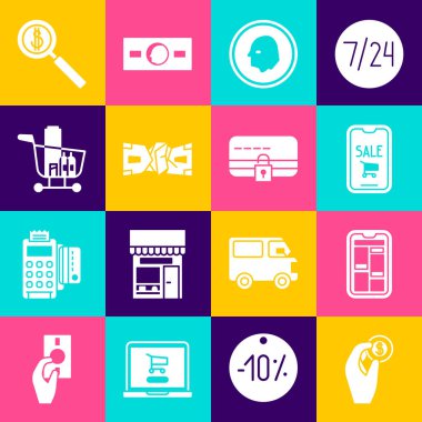 Set Hand bozuk para parası, online alışveriş telefonu, cep telefonu, bozuk para, buruşuk kağıt para, alışveriş yemeği, büyüteç parası ve kilit ikonlu kredi kartı. Vektör