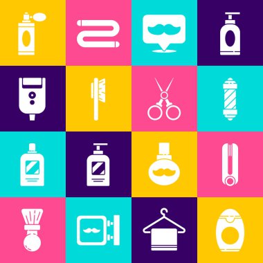 Şampuan şişesi, saç maşası, klasik berber dükkanı direği, berber dükkanı, saç fırçası, jilet adamlar, atomla tıraş losyonu şişesi ve makas kuaförü ikonu. Vektör